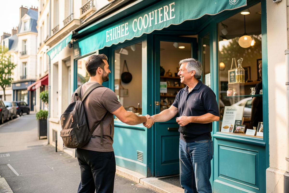 Le formateur arrive dans une boutique de quartier et est accueilli par le commerçant